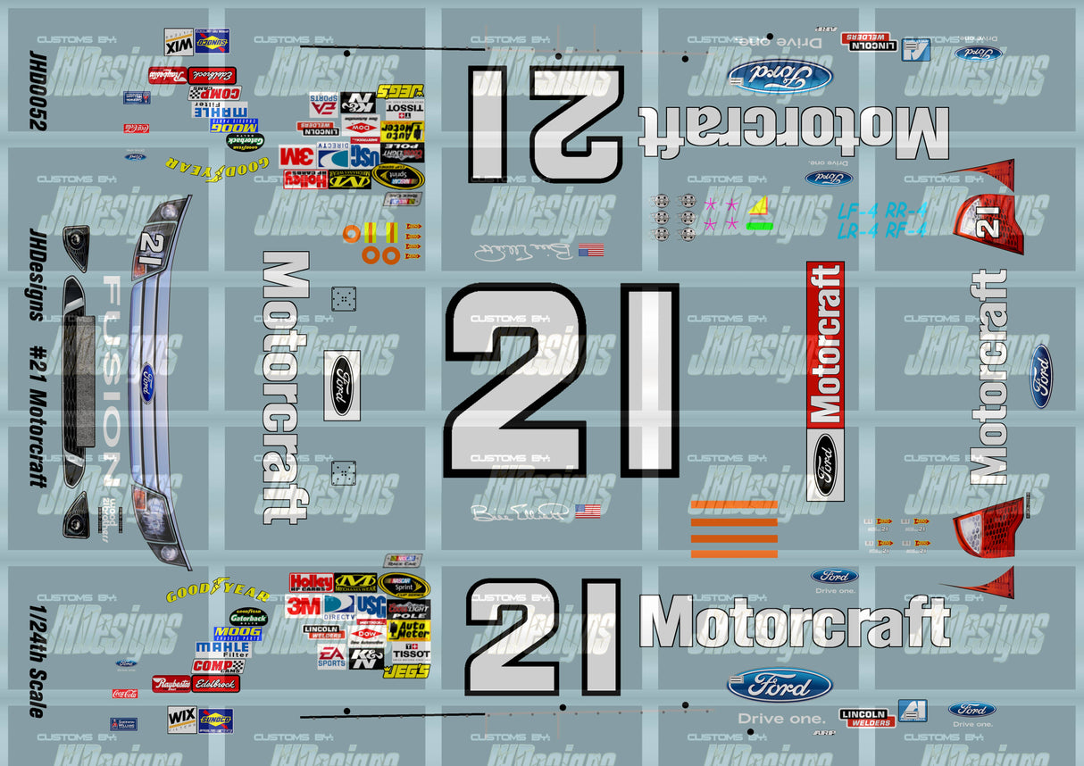 JH Designs Bill Elliott 2009 CUP #21 Motorcraft 1:24 Racecar Decal Set