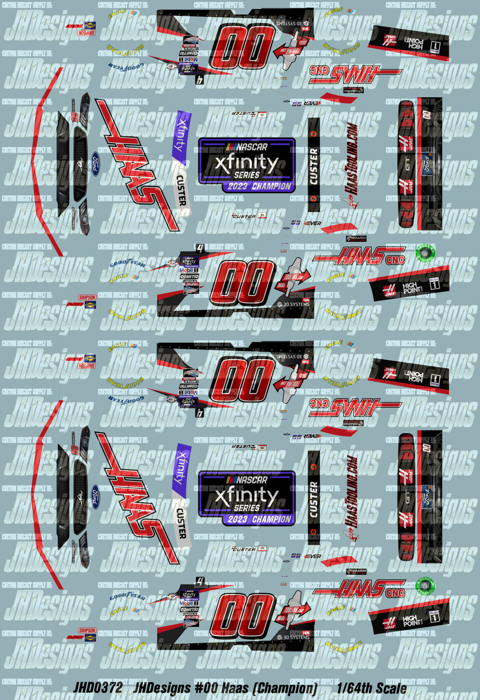 JH Designs Cole Custer 2023 NXS #00 Haas CNC (Xfinity Series Champion) 1:64 Racecar Decal Set