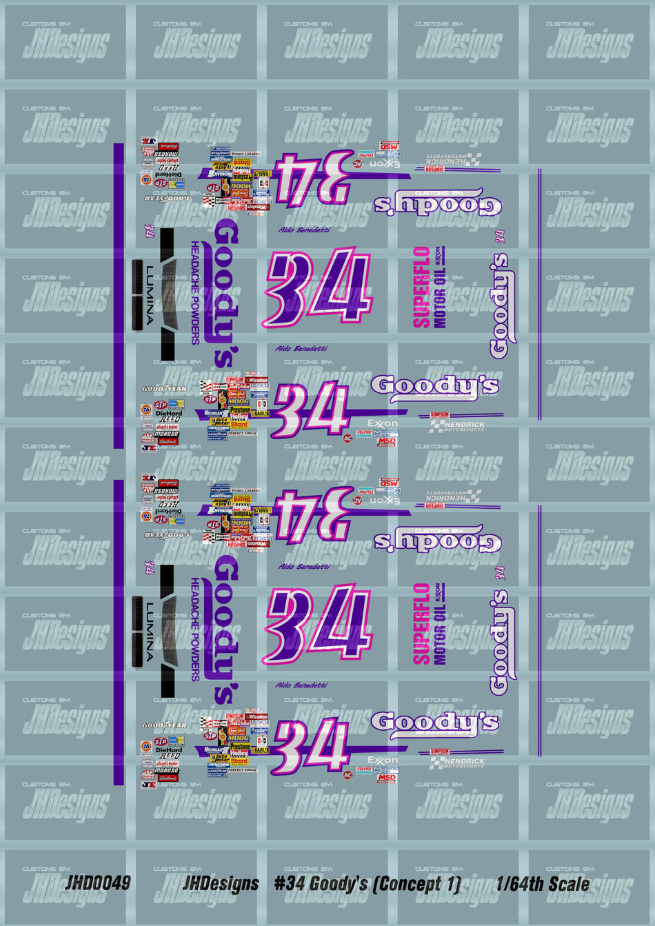 JH Designs Aldo Benedetti 1990 CUP #34 Goody's Headache Powders (Days of Thunder Concept 1) 1:64 Racecar Decal Set