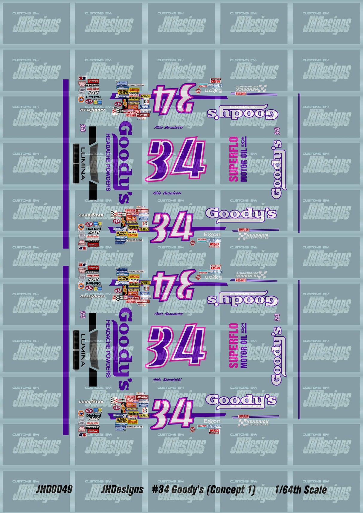 JH Designs Aldo Benedetti 1990 CUP #34 Goody's Headache Powders (Days of Thunder Concept 1) 1:64 Racecar Decal Set