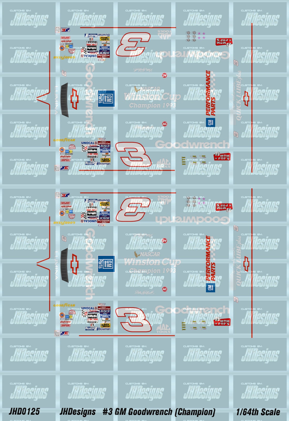 JH Designs Dale Earnhardt 1993 CUP #3 GM Goodwrench (Champion) 1:64 Racecar Decal Set