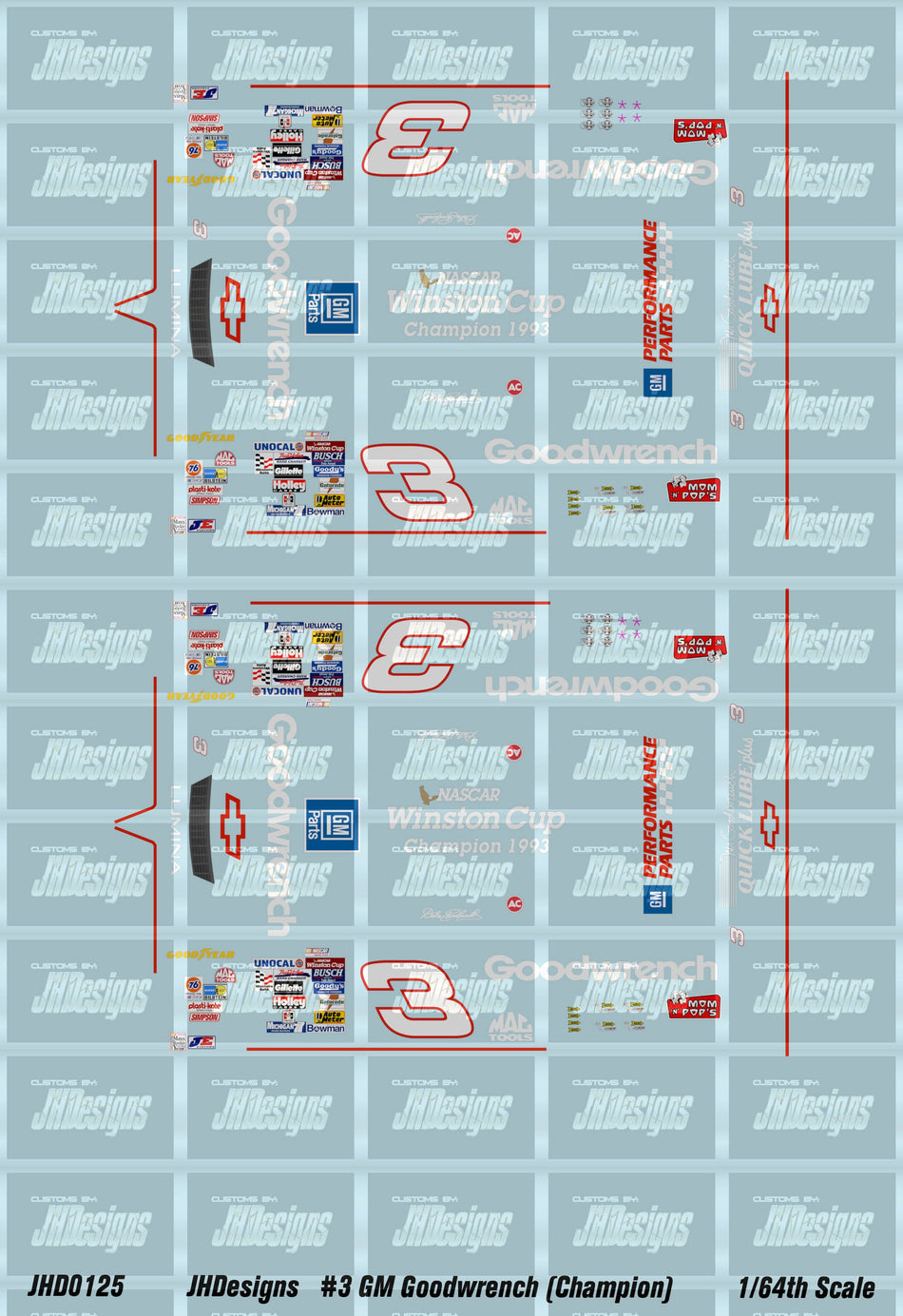 JH Designs Dale Earnhardt 1993 CUP #3 GM Goodwrench (Champion) 1:64 Racecar Decal Set