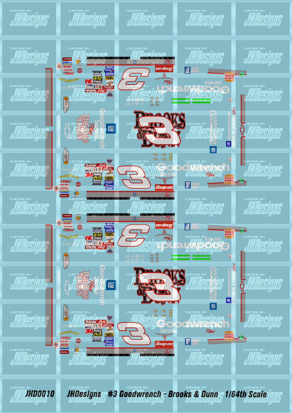 JH Designs Dale Earnhardt 1998 CUP #3 Goodwrench - Brooks & Dunn 1:64 Racecar Decal Set