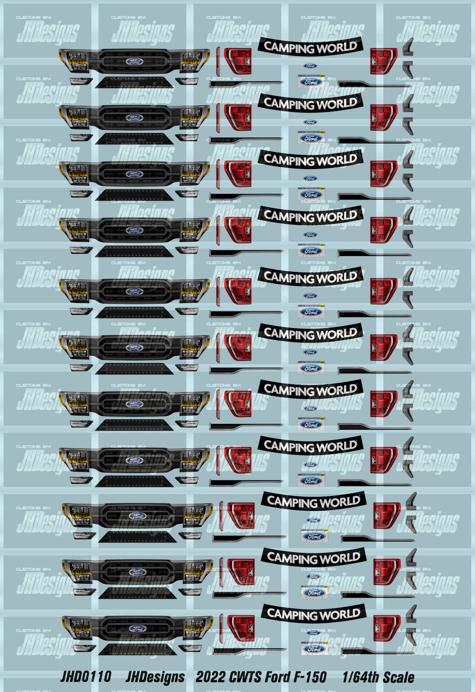 JH Designs Ford F-150 2022 CWTS Headlights & Tail Lights 1:64 Racecar Decal Set