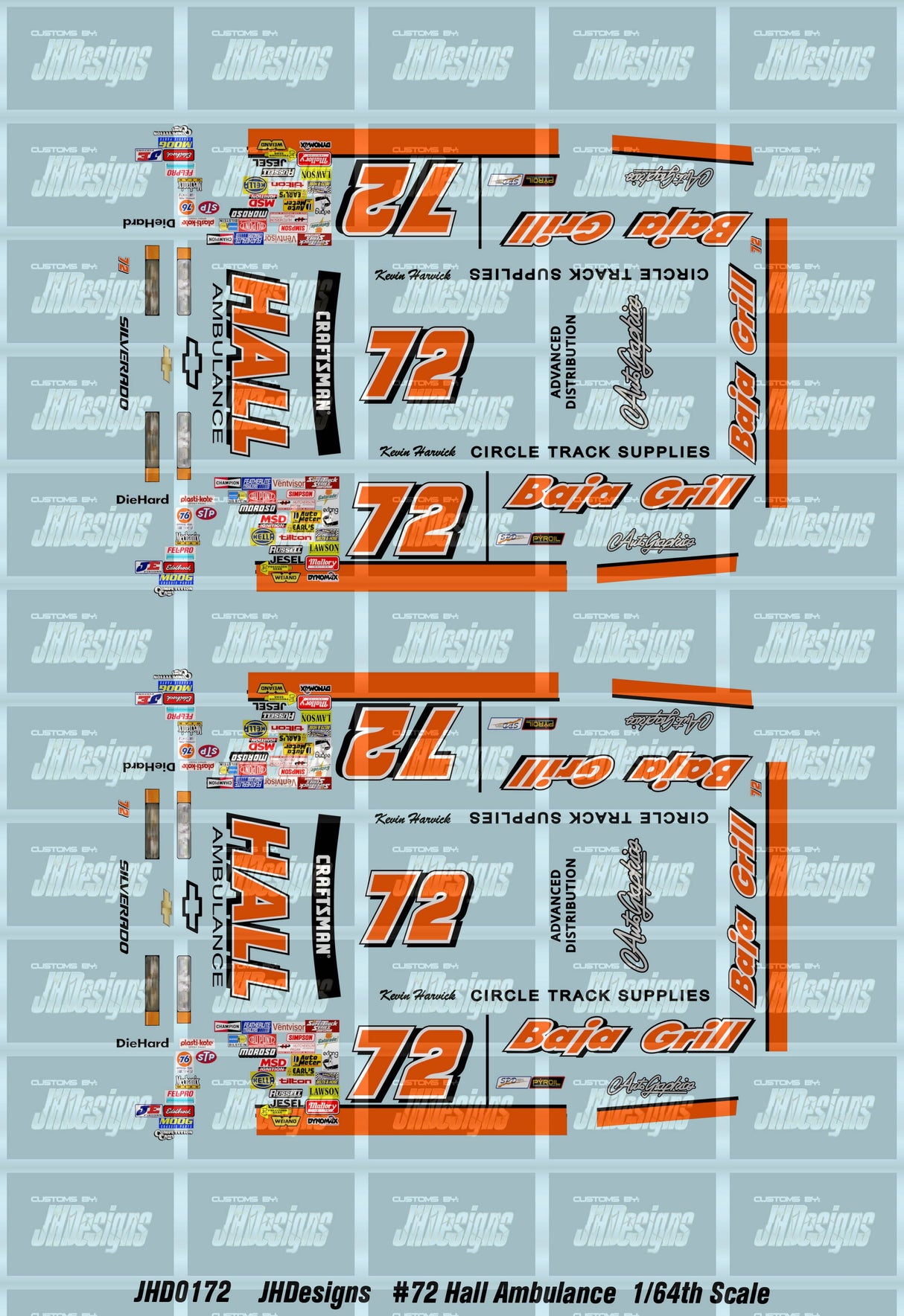 JH Designs Kevin Harvick 1995 CTS #72 Hall Ambulance 1:64 Racecar Decal Set