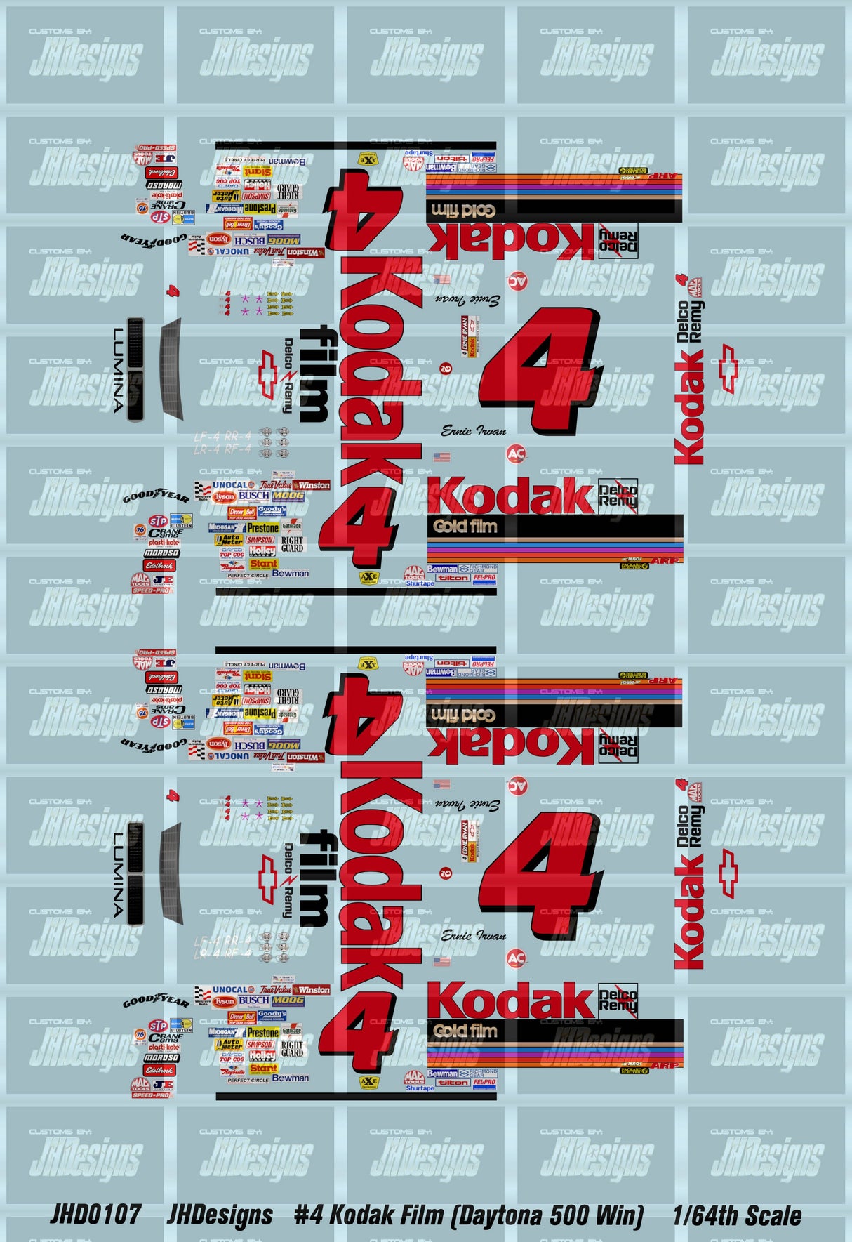 JH Designs Ernie Irvan 1991 CUP #4 Kodak Gold Film (Daytona 500 Win) 1:64 Racecar Decal Set