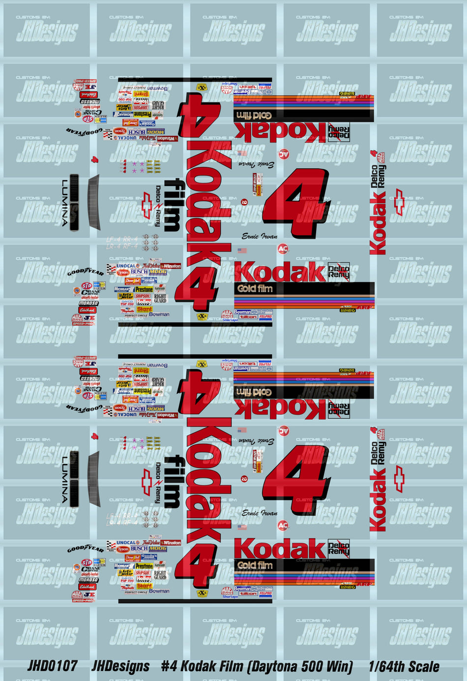 JH Designs Ernie Irvan 1991 CUP #4 Kodak Gold Film (Daytona 500 Win) 1:64 Racecar Decal Set