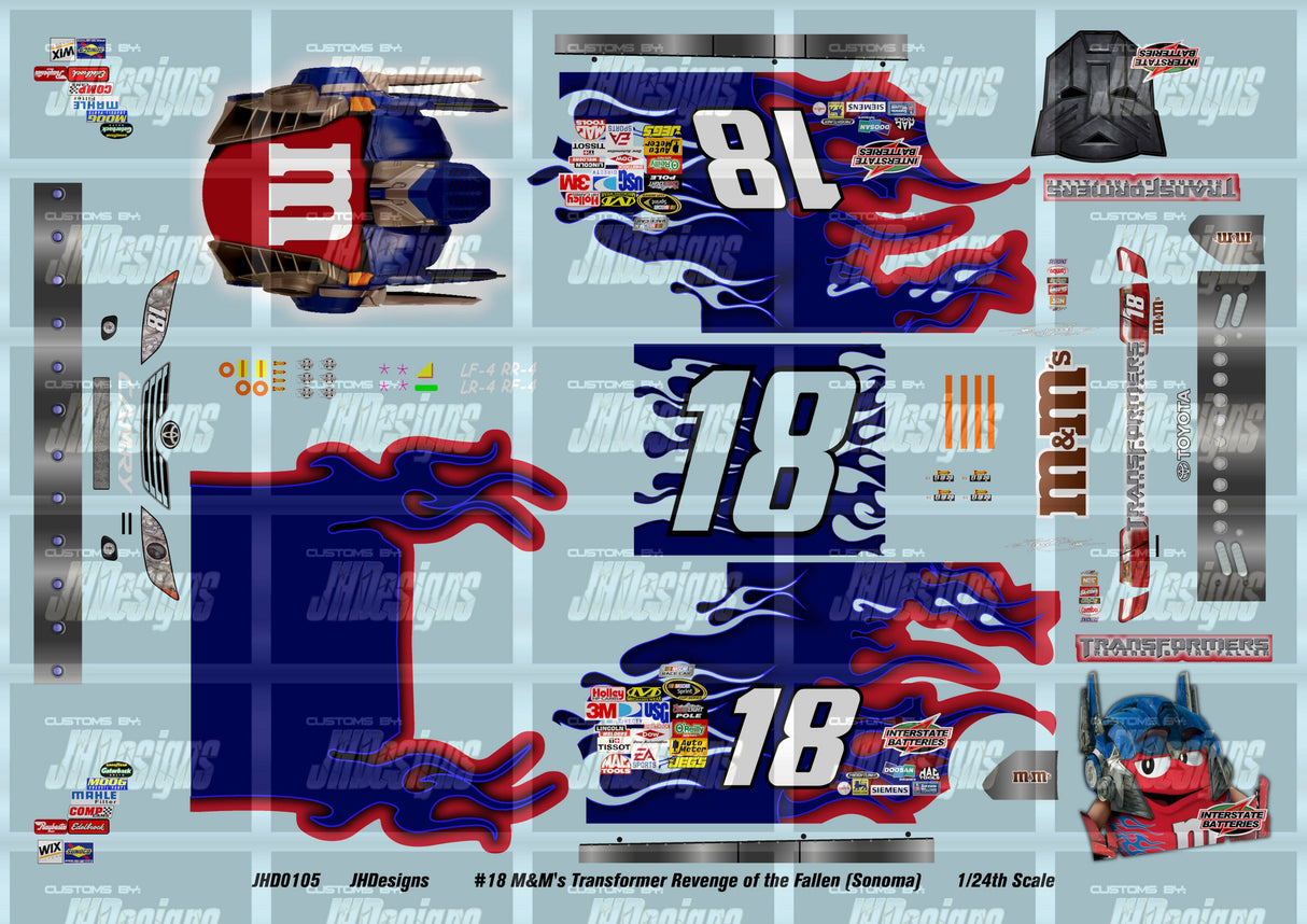 JH Designs Kyle Busch 2009 CUP #18 M&M's Transformers Revenge of the Fallen (Sonoma) 1:24 Racecar Decal Set