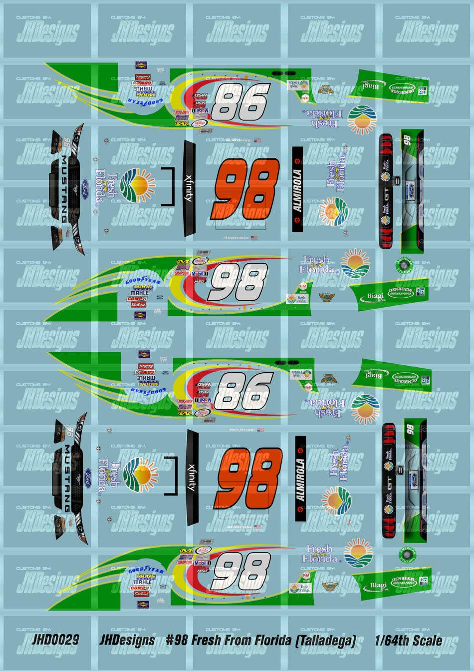 JH Designs Aric Almirola 2017 NXS #98 Fresh From Florida 1:64 Racecar Decal Set