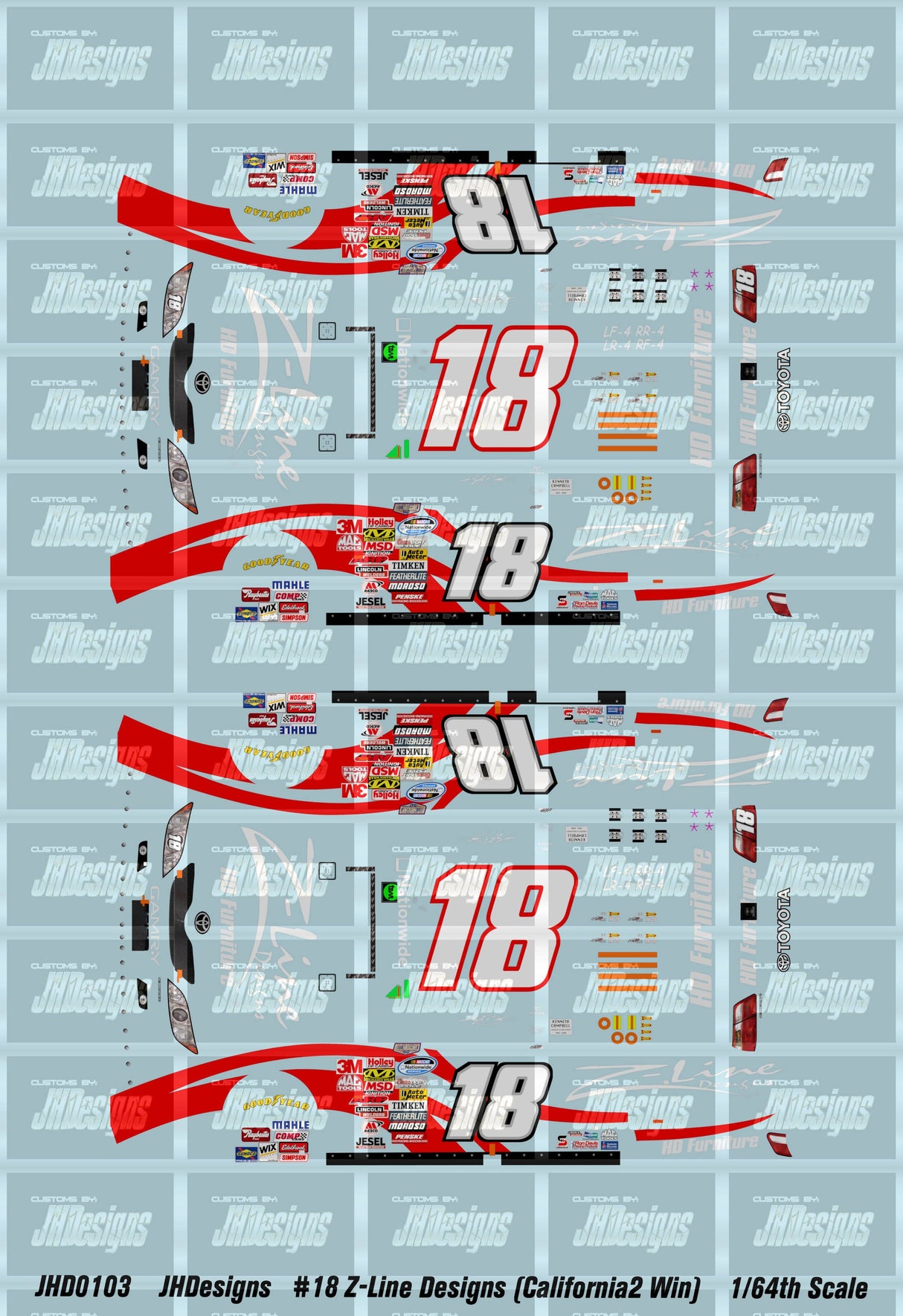 JH Designs Kyle Busch 2008 NWS #18 Z-Line Designs (California Race Win) 1:64 Racecar Decal Set