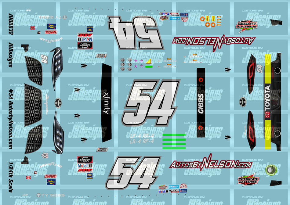 JH Designs Ty Gibbs 2021 NXS #54 Autosbynelson.com 1:24 Racecar Decal Set