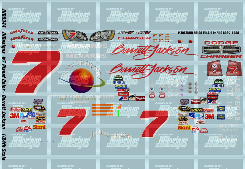 JH Designs Robby Gordon 2008 CUP #7 Planet Color - Barrett Jackson 1:24 Racecar Decal Set