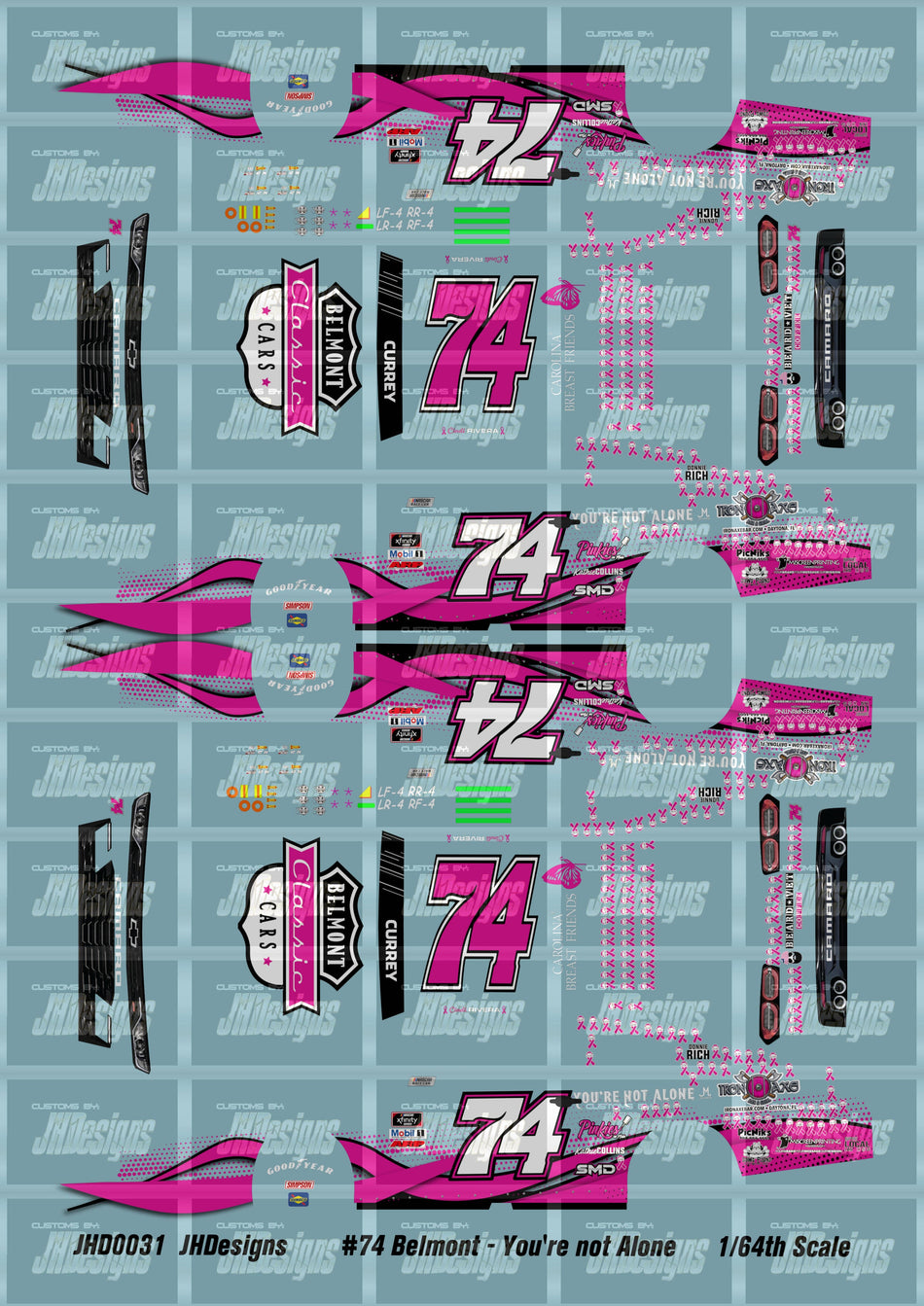 JH Designs Bailey Currey 2020 NXS #74 Belmont Classic Cars - You're Not Alone 1:64 Racecar Decal Set