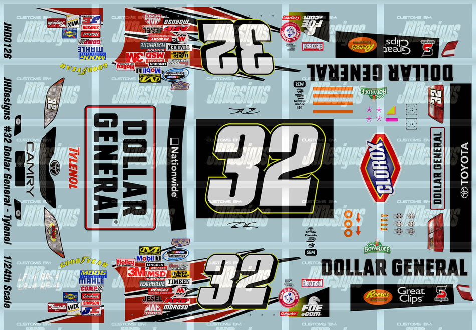 JH Designs Brian Vickers 2008 NWS #32 Dollar General - Tylenol 1:24 Racecar Decal Set