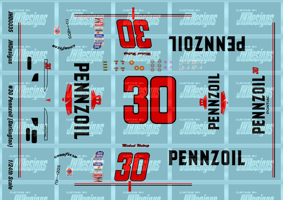 JH Designs Michael Waltrip 1992 NBS #30 Pennzoil (Darlington Race Win) 1:24 Racecar Decal Set