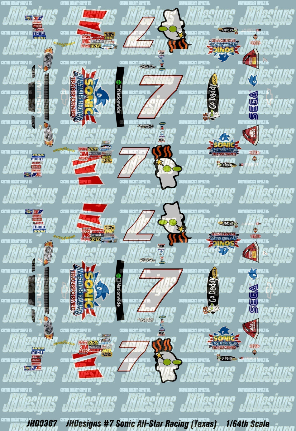JH Designs Danica Patrick 2012 NWS #7 Sonic All-Star Racing (Texas) 1:64 Racecar Decal Set