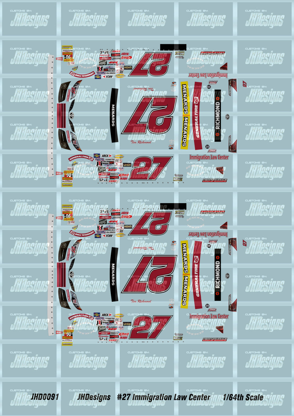 JH Designs Tim Richmond 2022 ARCA #27 Immigration Law Center (Daytona) 1:64 Racecar Decal Set