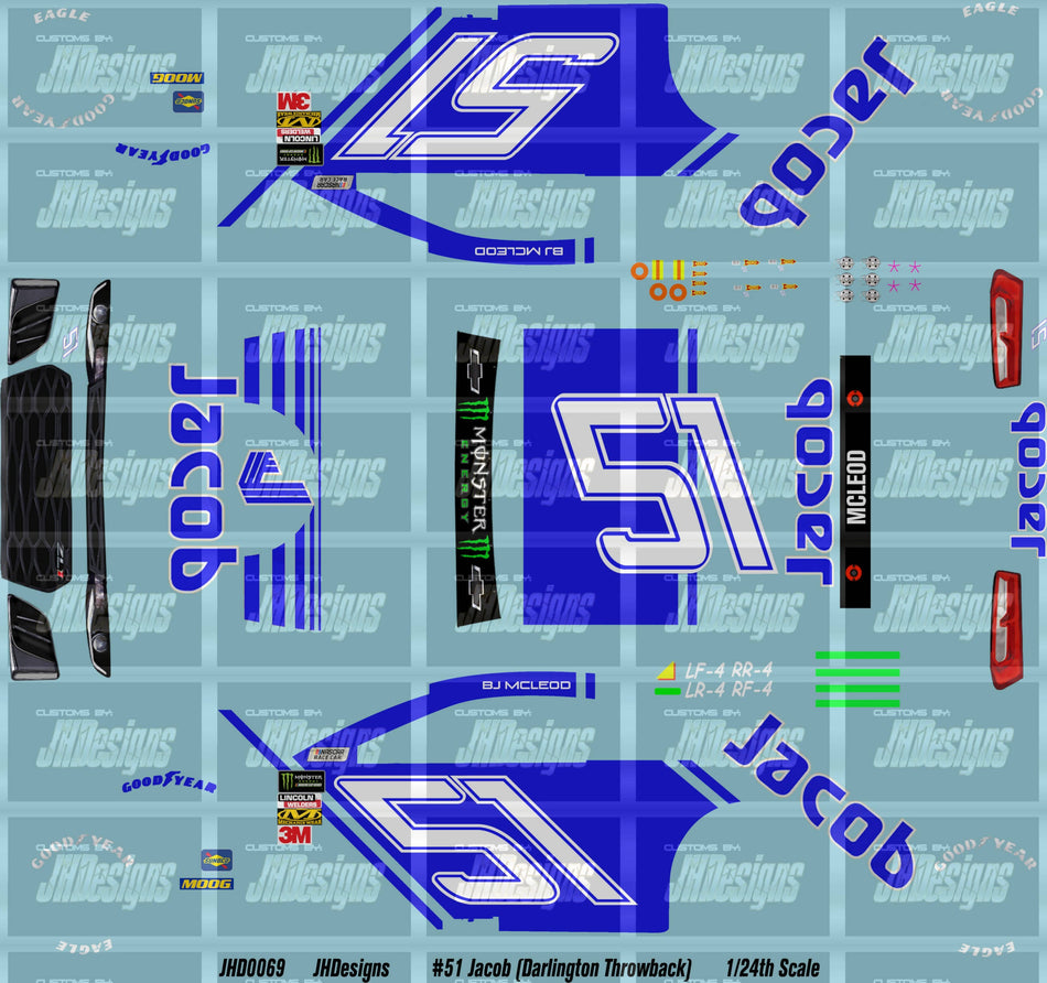 JH Designs BJ McLOED 2018 CUP #51 Jacob Industries (Darlington Throwback) 1:24 Racecar Decal Set