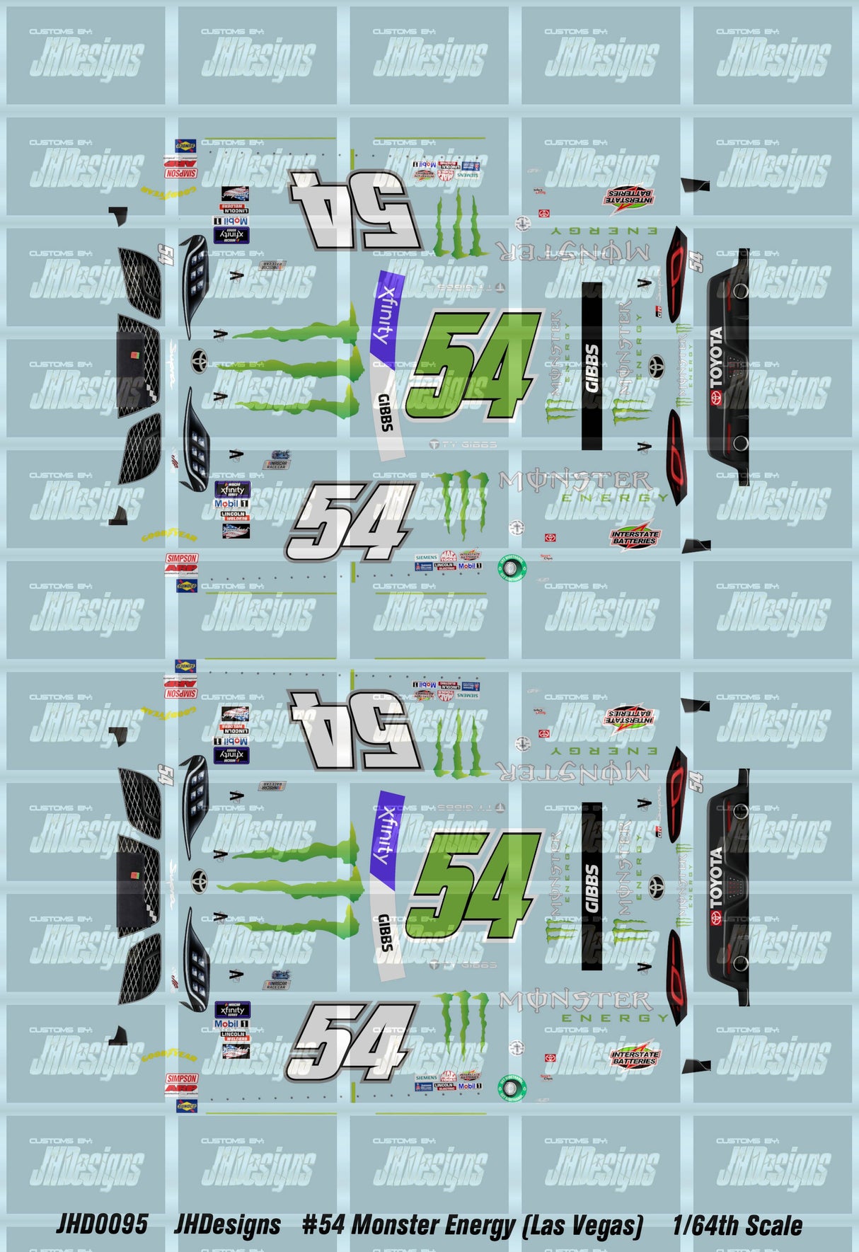 JH Designs Ty Gibbs 2022 XFINITY #54 Monster Energy (Las Vegas) 1:64 Racecar Decal Set