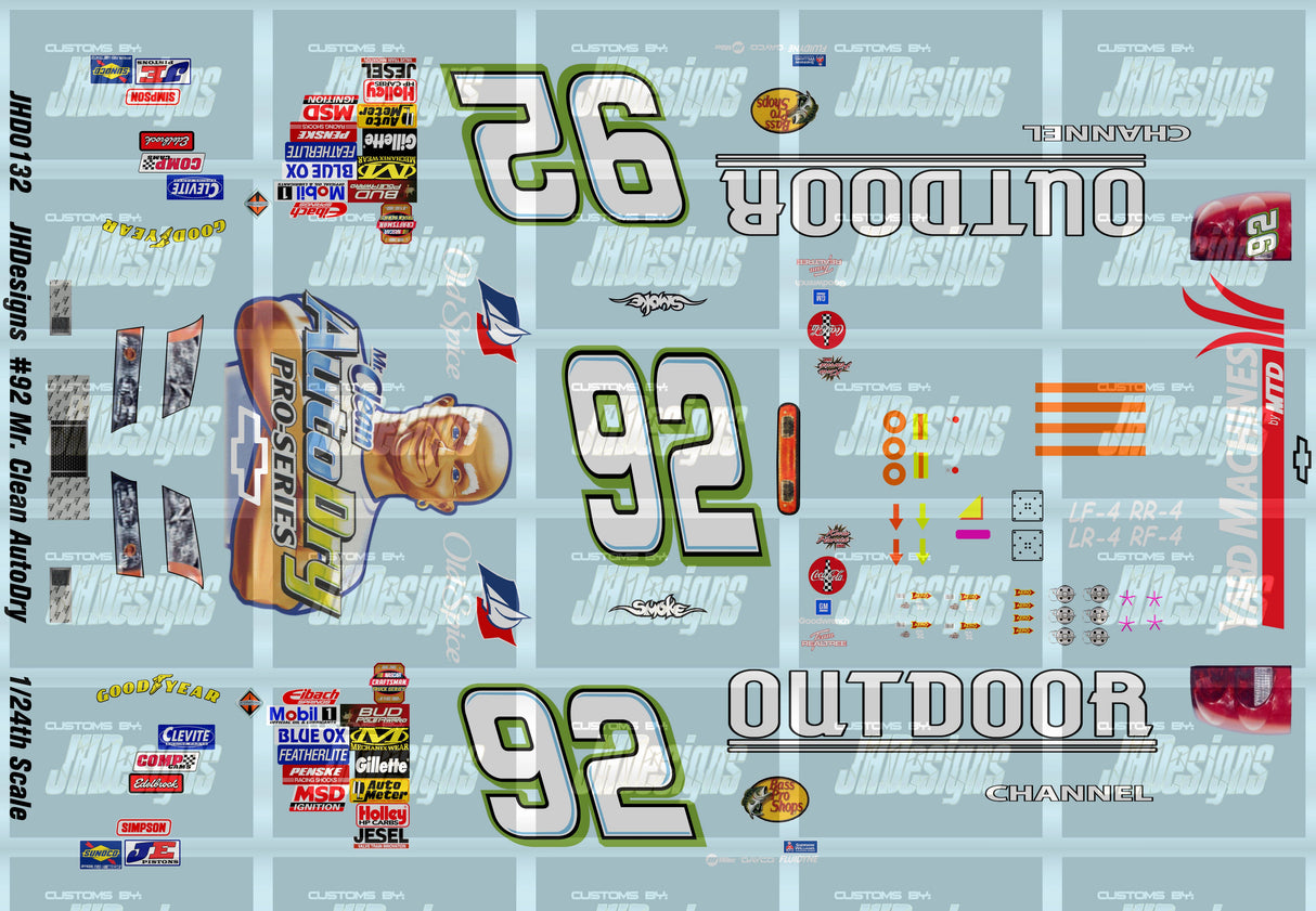 JH Designs Tony Stewart 2005 CTS #92 Mr. Clean AutoDry - Outdoor Channel (Richmond DNQ) 1:24 Racecar Decal Set
