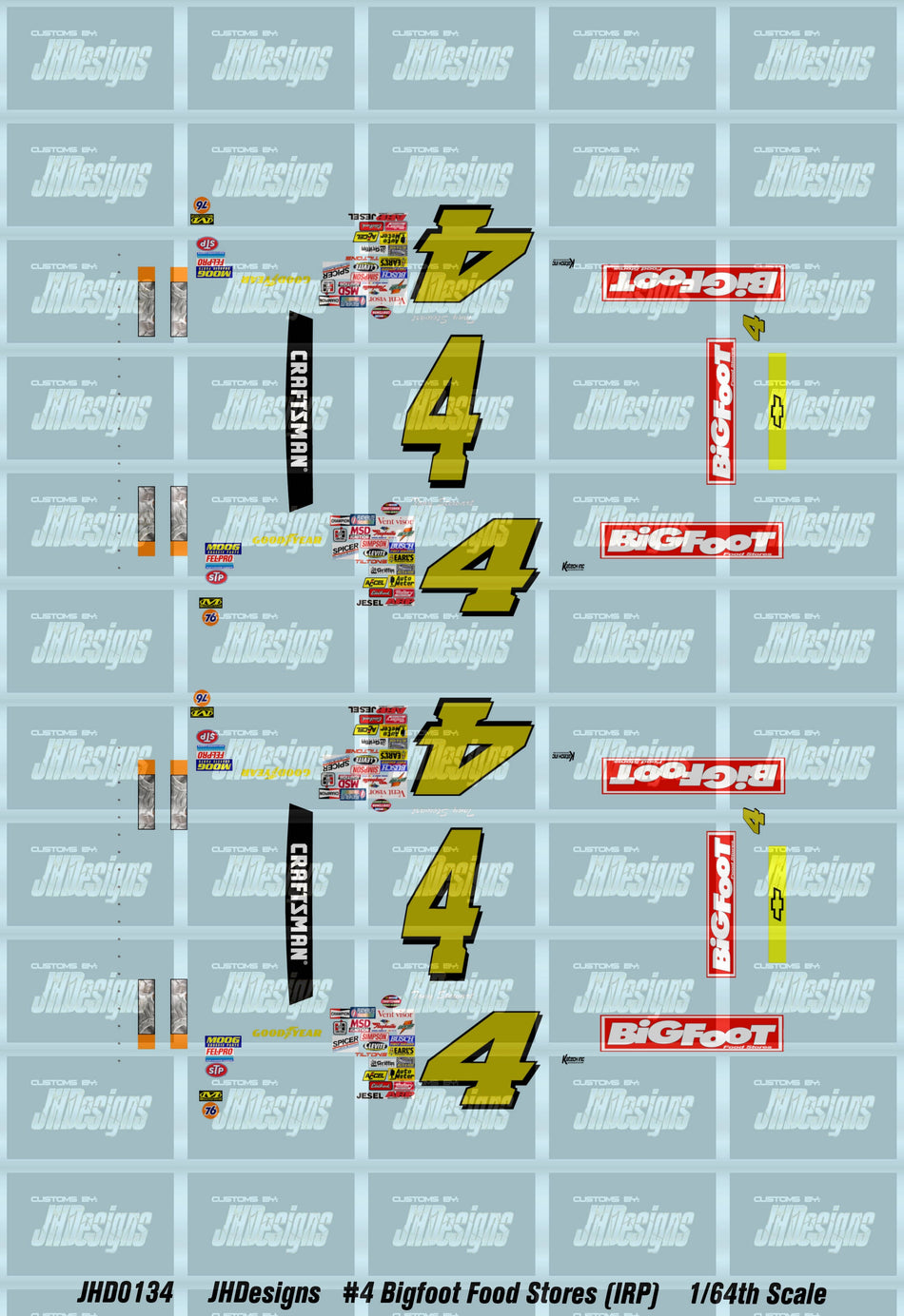 JH Designs Tony Stewart 1996 CTS #4 Bigfoot Food Stores (IRP) 1:64 Racecar Decal Set