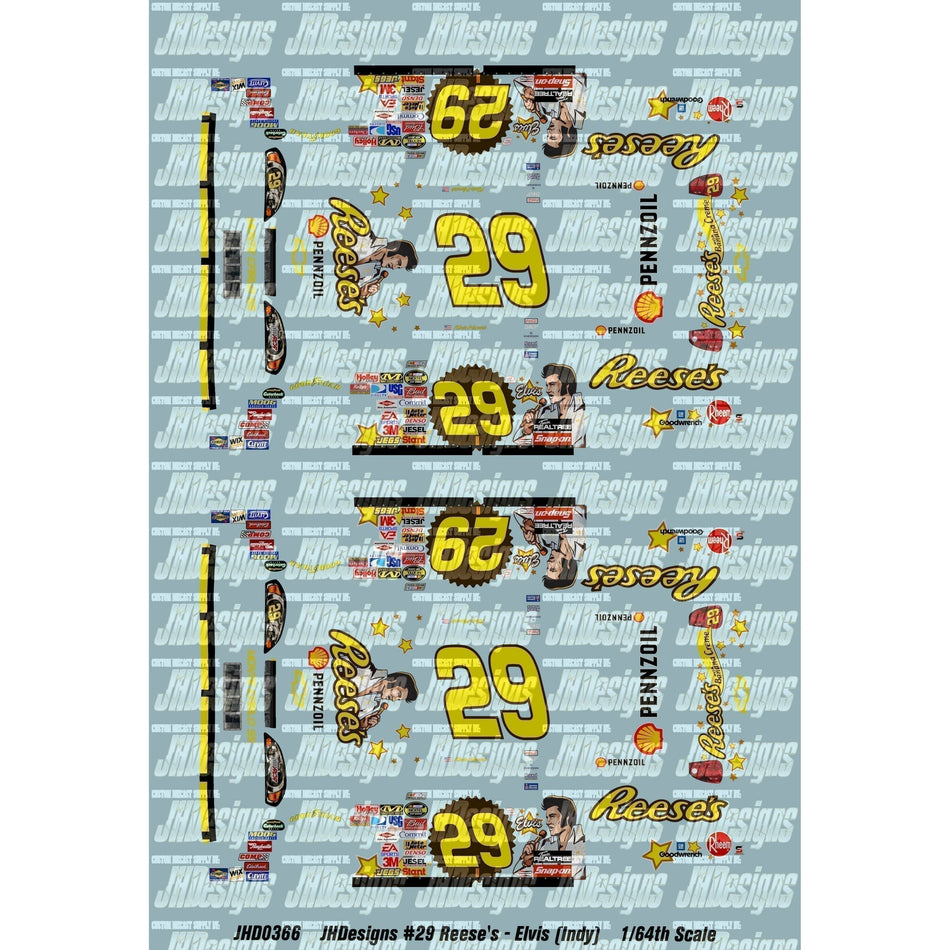 JH Designs Kevin Harvick 2007 CUP #29 Reese's Banana Cream - Elvis (Indy) 1:64 Racecar Decal Set