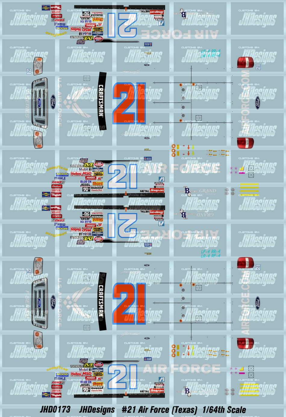 JH Designs Jon Wood 2008 CTS #21 US Air Force (Texas) 1:64 Racecar Decal Set