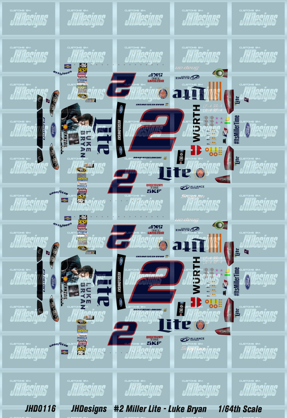 JH Designs Brad Keselowski 2015 CUP #2 Luke Bryan - Miller Lite (Watkins Glen) 1:64 Racecar Decal Set