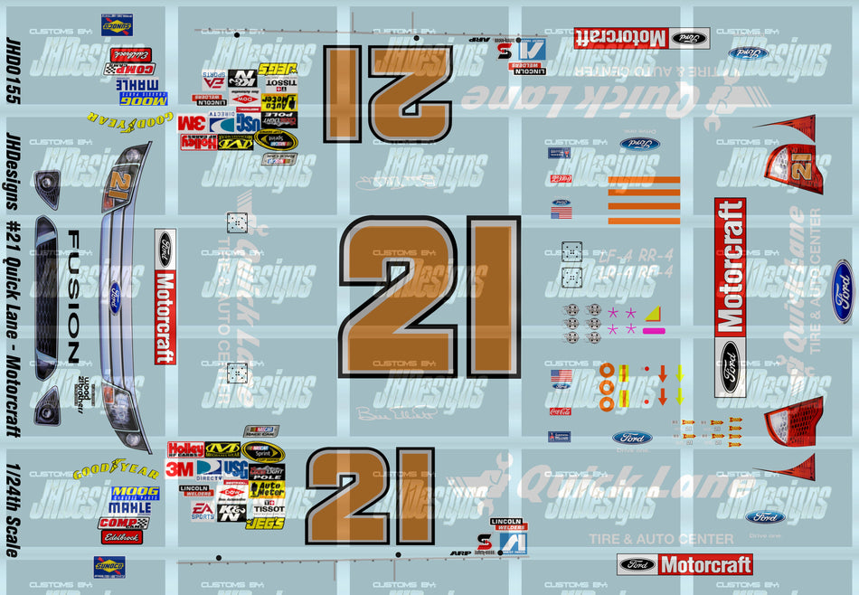 JH Designs Bill Elliott 2009 CUP #21 Quick Lane - Motorcraft 1:24 Racecar Decal Set