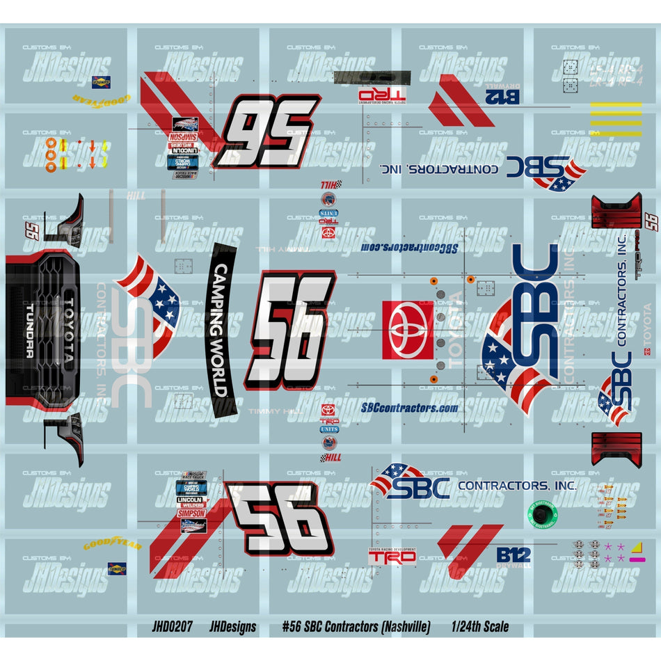 JH Designs Timmy Hill 2022 CWTS #56 SBC Contractors Inc (Nashville) 1:24 Racecar Decal Set