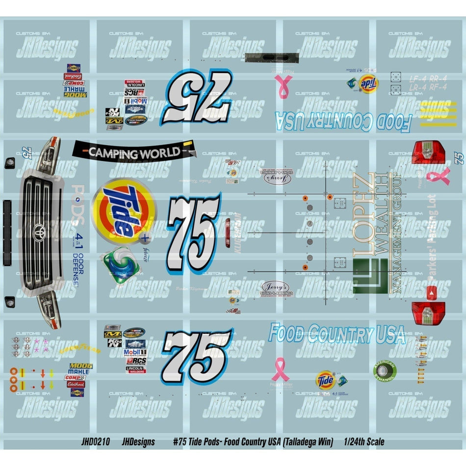 JH Designs Parker Kligerman 2017 CWTS #75 Tide Pods - Food Country USA (Talladega Race Win) 1:24 Racecar Decal Set