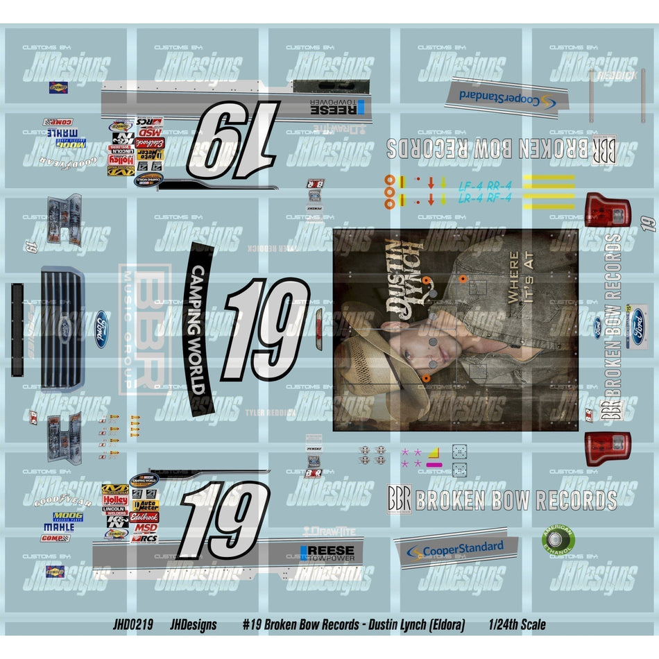JH Designs Tyler Reddick 2014 CWTS #19 Broken Bow Records - Dustin Lynch (Eldora) 1:24 Racecar Decal Set