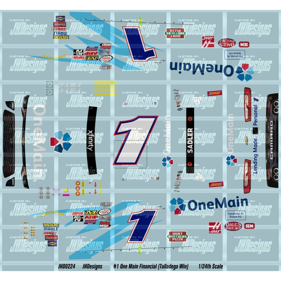 JH Designs Elliott Sadler 2016 NXS #1 One Main Financial (Talladega Race Win) 1:24 Racecar Decal Set