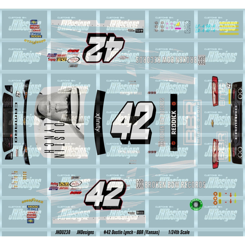 JH Designs Tyler Reddick 2017 NXS #42 Dustin Lynch - Broken Bow Records (Kansas) 1:24 Racecar Decal Set