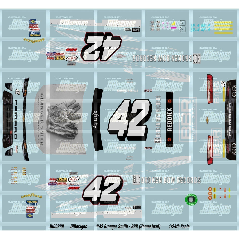 JH Designs Tyler Reddick 2017 NXS #42 Granger Smith - Broken Bow Records (Homestead) 1:24 Racecar Decal Set