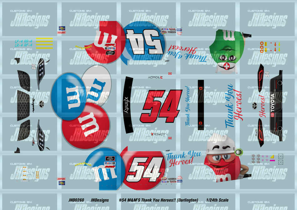 JH Designs Kyle Busch 2020 NXS #54 M&M's Thank You Heroes (Darlington) 1:24 Racecar Decal Set
