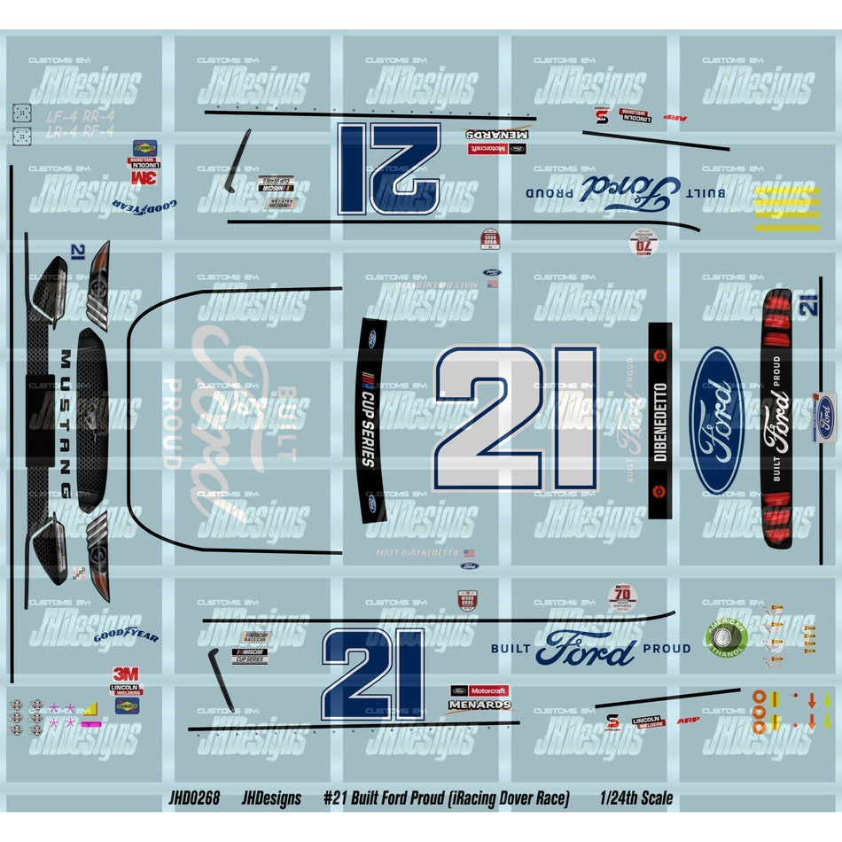 JH Designs Matt Dibenedetto 2020 IRACING #21 Built Ford Proud (Dover) 1:24 Racecar Decal Set