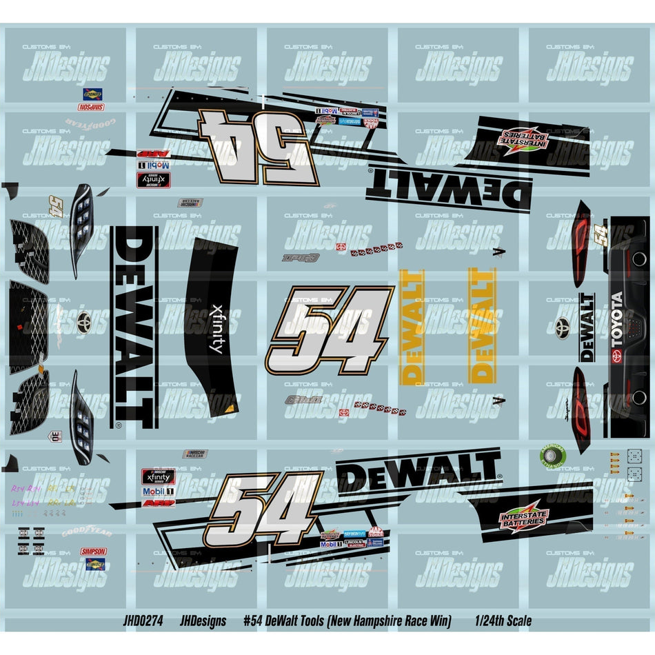 JH Designs Christopher Bell 2021 NXS #54 DeWalt Tools (New Hampshire Race Win) 1:24 Racecar Decal Set