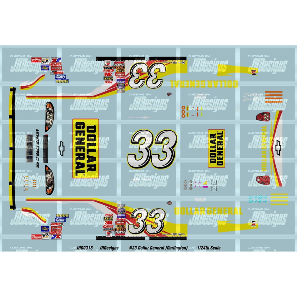 JH Designs Tony Stewart 2006 BUSCH #33 Dollar General (Darlington) 1:24 Racecar Decal Set