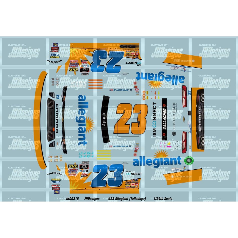 JH Designs Spencer Gallagher 2018 XFINITY #23 Allegiant Air Lines (Talladega Win) 1:24 Racecar Decal Set