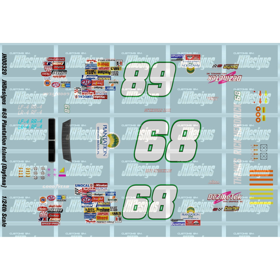 JH Designs Hut Stricklin 1990 CUP #68 Plantation Island - Days of Thunder (Daytona 500) 1:24 Racecar Decal Set