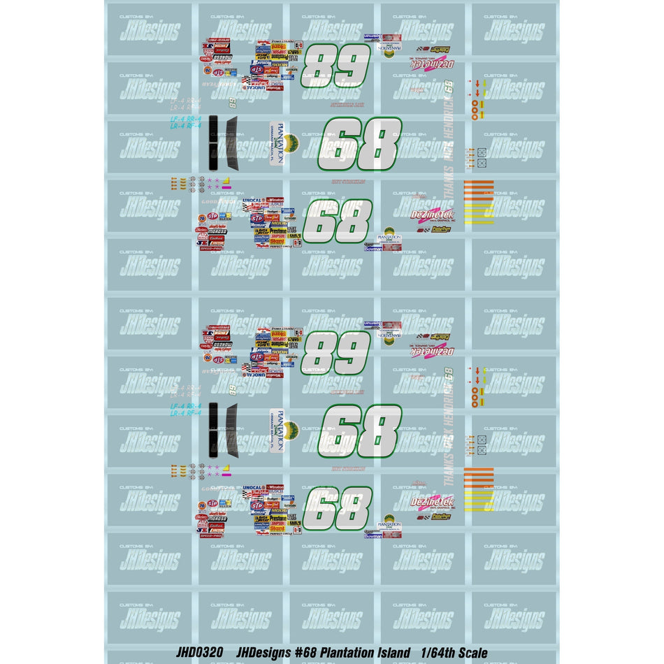 JH Designs Hut Stricklin 1990 CUP #68 Plantation Island - Days of Thunder (Daytona 500) 1:64 Racecar Decal Set