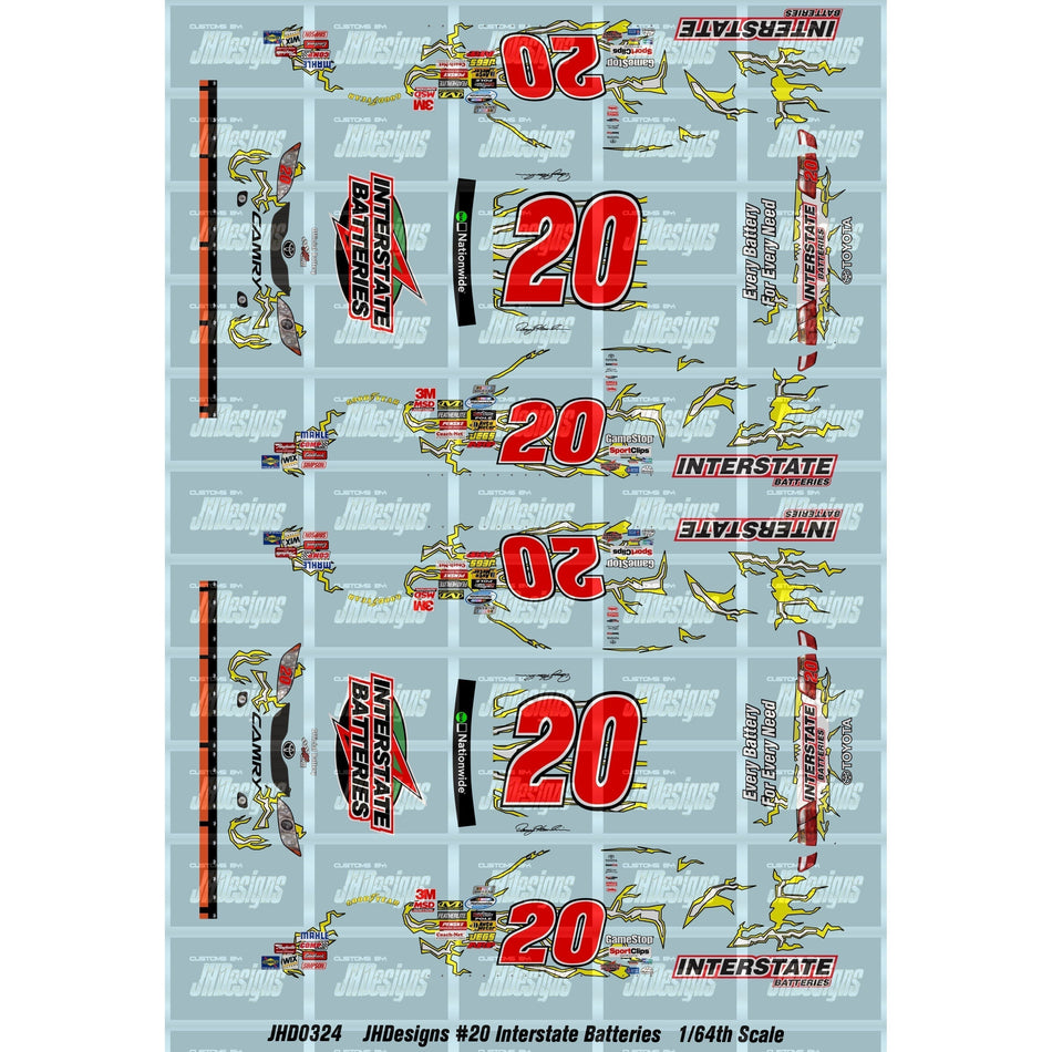 JH Designs Denny Hamlin 2010 NWS #20 Interstate Batteries  1:64 Racecar Decal Set