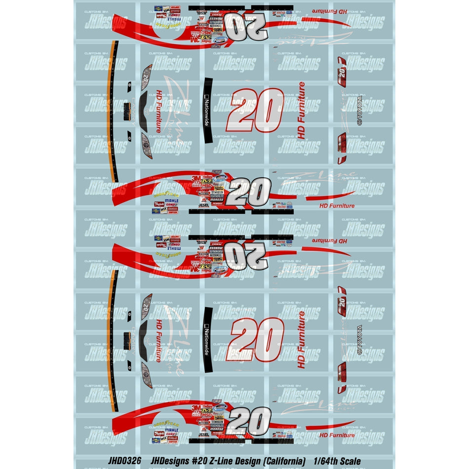 JH Designs Tony Stewart 2008 NWS #20 Z-Line Designs (California) 1:64 Racecar Decal Set