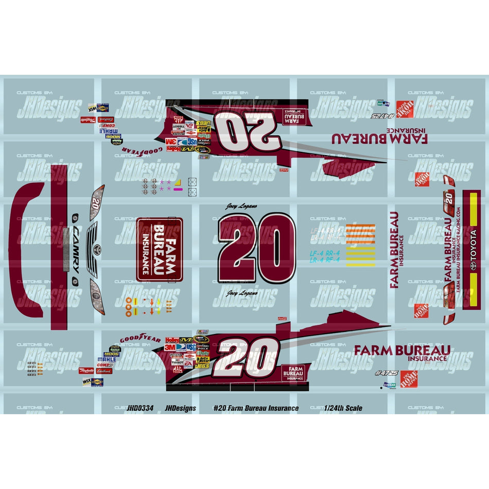 JH Designs Joey Logano 2009 CUP #20 Farm Bureau Insurance 1:24 Racecar Decal Set