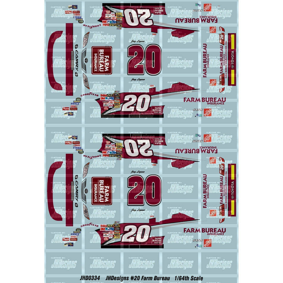 JH Designs Joey Logano 2009 CUP #20 Farm Bureau Insurance 1:64 Racecar Decal Set