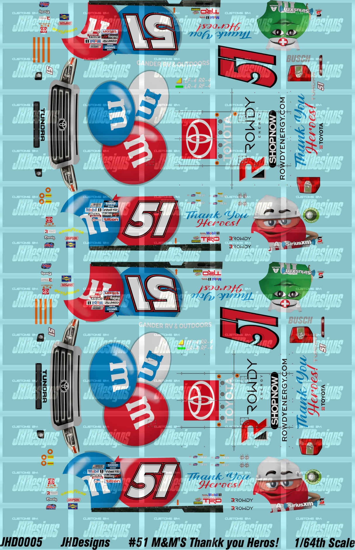JH Designs Kyle Busch 2020 GMTS #51 M&M's Thank You Heros 1:64 Racecar Decal Set
