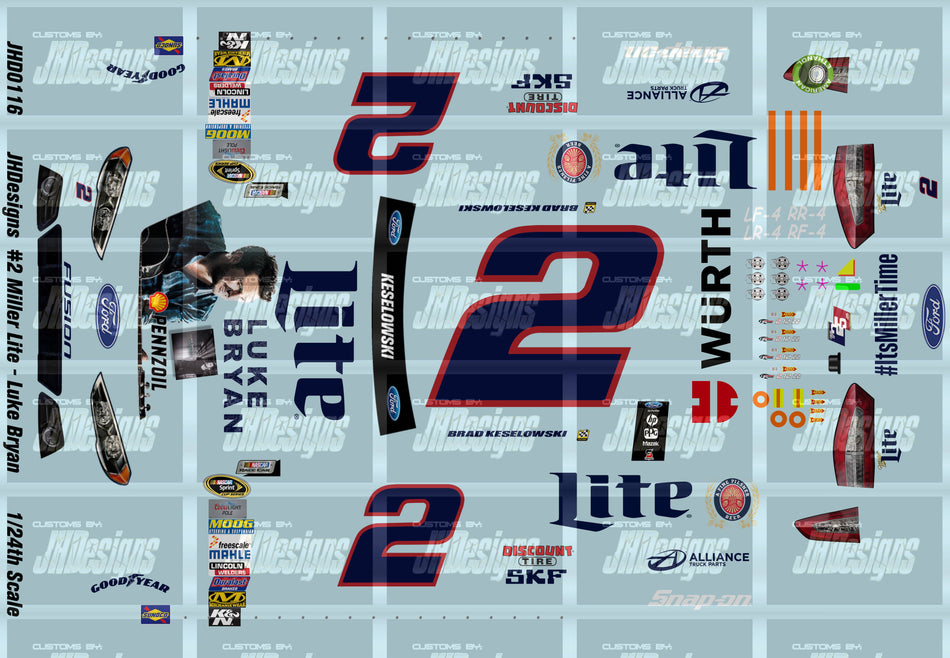 JH Designs Brad Keselowski 2015 CUP #2 Luke Bryan - Miller Lite (Watkins Glen) 1:24 Racecar Decal Set