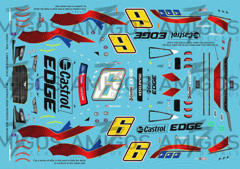 3 Amigos Decals #6 CASTROL EDGE PATRIOTIC 2023 MUSTANG WITH GOLD FOIL NUMBERS 1:24 DECAL SET