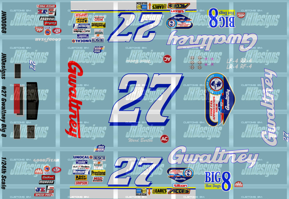 JH Designs Ward Burton 1992 NBS #27 Gwaltney Big 8 Hotdogs (Darlington) 1:24 Racecar Decal Set